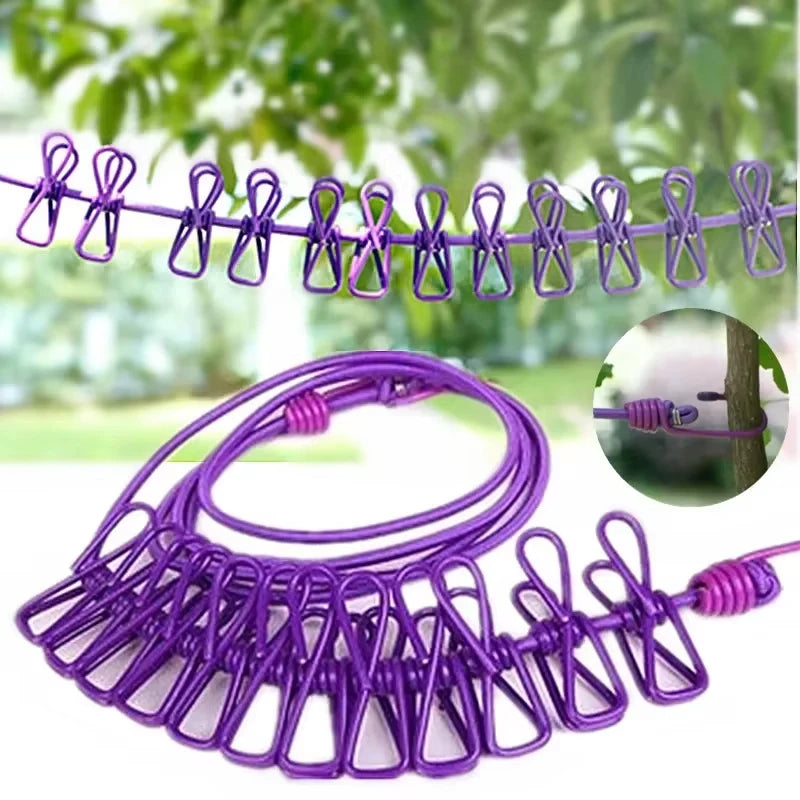 1+1 CADOU - Sfoară de rufe portabilă pentru călătorii și camping – elastică, antiderapantă, cu 12 cârlige integrate
