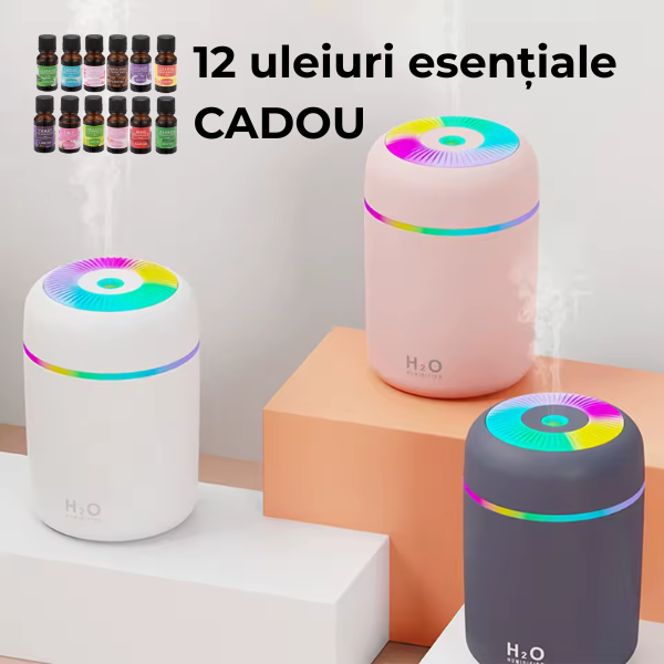 Set 2 x Mini umidificator USB cu lumină ambientală + 12 Uleiuri esentiale CADOU