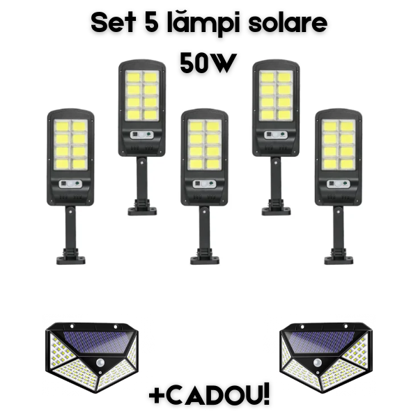 Set 5 x lampa cu incarcare solara Jortan, 8 Celule, 50W, telecomanda + 2 lămpi 100 LED CADOU