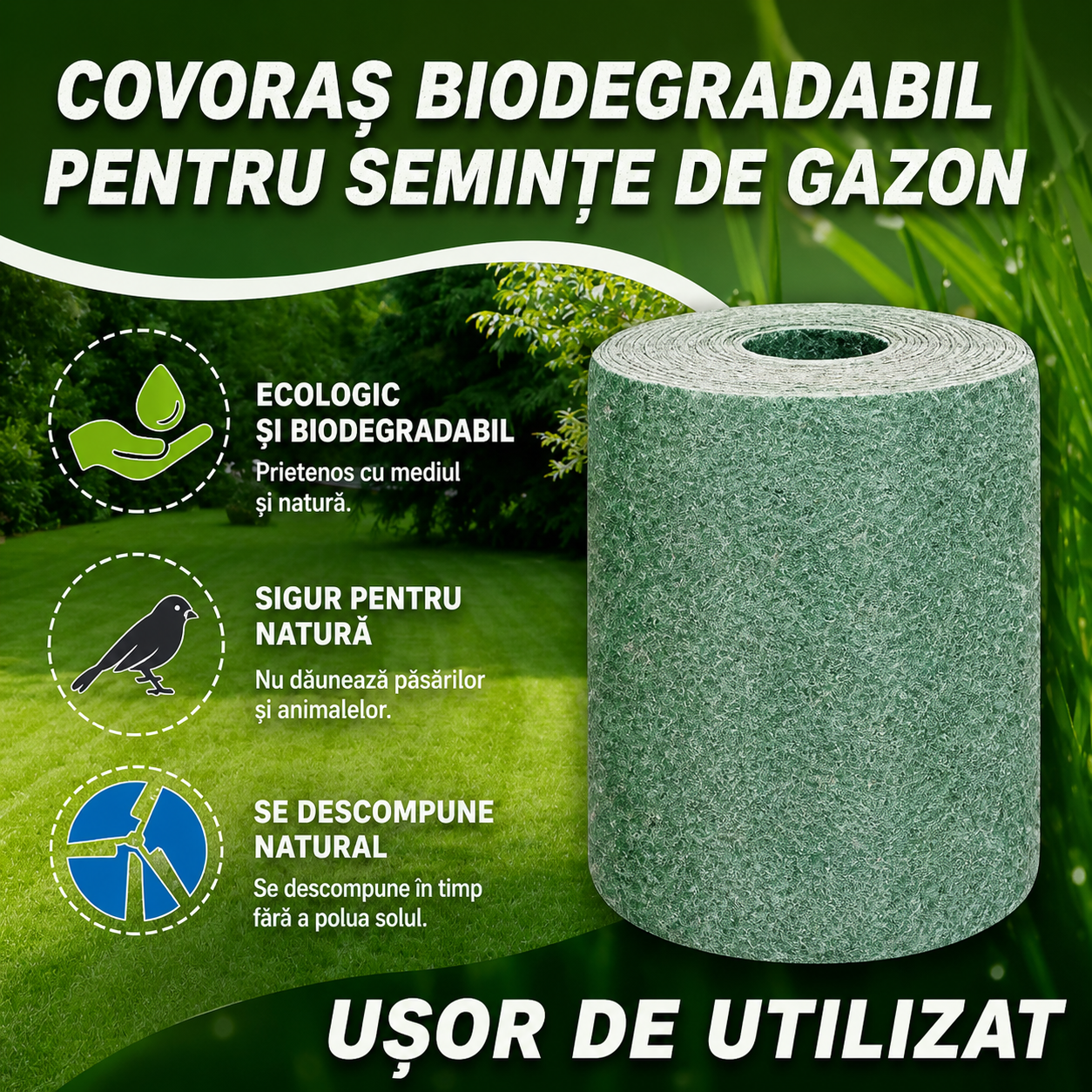 1+1 CADOU - Covor seminte gazon, GrassMat, biodegradabil, 300 cm x 20 cm