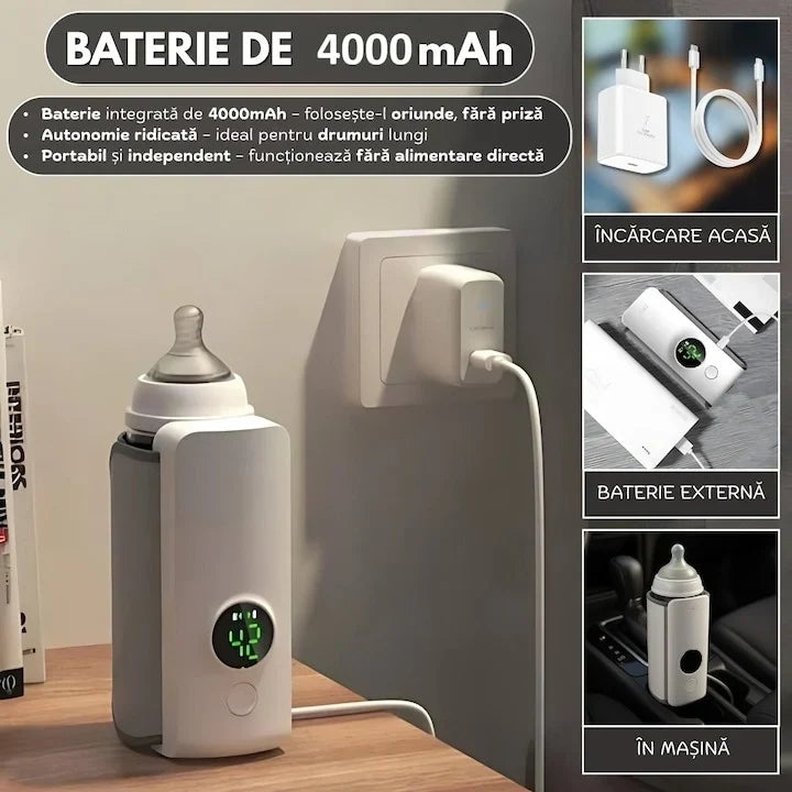 Încălzitor portabil pentru biberoane, Afișaj digital, 6 niveluri de temperatură, Baterie de 4000 mAh, Reîncărcabil