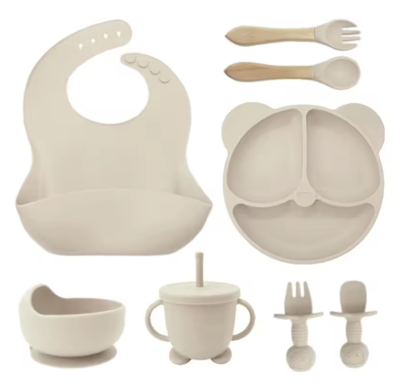 Set hranire bebeluși din silicon, 6 piese MOSMAOO® — farfurie și bol cu ventuză, bavetă, linguriță și furculiță, cană pentru gustări, fără alergeni